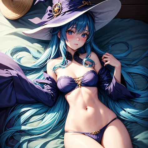 realisitic、top-quality、(One woman:1.5)、bared  chest , Long hair, Gentle, Blushing, Witch, Blue hair, lying on the bed, Cute、medium chest、witch hat、witch costume