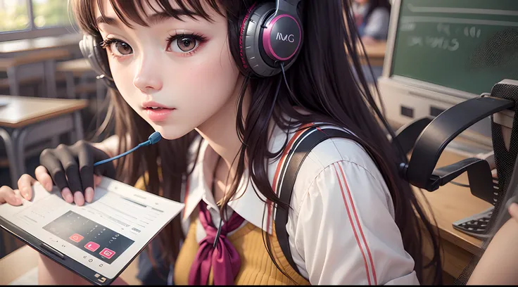 After School Classroom School Girl, Uniform, Cute, Sexy, headphone, listening music, 6 girls,