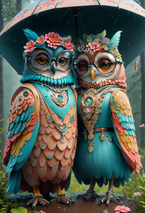 （Draw a colorful owl couple with a large umbrella with flowers）, Mr. Owl wears large glasses，Mrs. Owl wears a beautiful necklace，
Background with：Rainy forest， Cute detailed digital art, lovely digital painting, adorable digital art, Beeple and Jeremiah Ke...