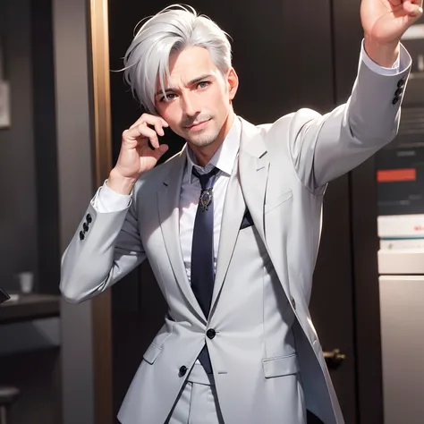 （（hyper HD，tmasterpiece，best qualtiy）），malefocus，A handsome middle-aged man，short, Comb neatly gray hair，Fit and fit，Wear a stylish gray suit，With a smile。