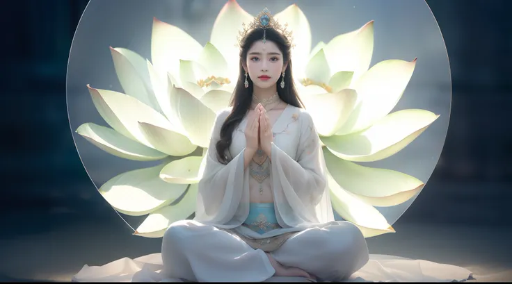 there is a beautiful goddess in the void meditating cross-legged on a large lotus flower，perfect body posture，a meditative，long ...