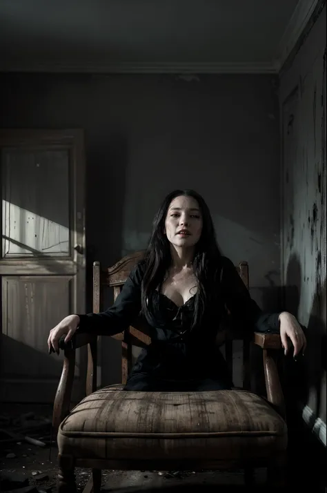 "A professional, ultra-detailed horror masterpiece:1.2 with a realistic and terrifying ghost. The ghost is portrayed as an elegant high-class lady, sweet and smiling, sitting on a chair surrounded by abandoned items in an old house. She exudes an air of so...