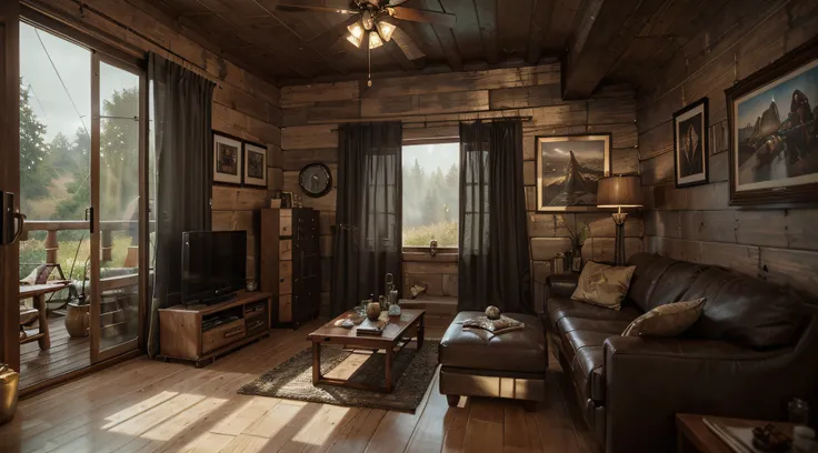 A cozy living room in a log cabin with the rain outside, matte paint film poster, golden ratio, trending at cgsociety, intricate, epic, trending at artstation, by artgerm, h. R. giger and beksinski, highly detailed, vibrant, cinematic character rendering p...