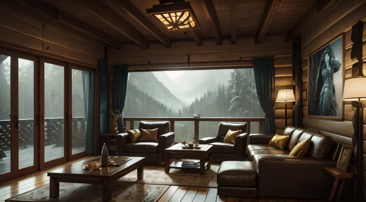 A cozy living room in a log cabin with the rain outside, matte paint film poster, golden ratio, trending at cgsociety, intricate, epic, trending at artstation, by artgerm, h. R. giger and beksinski, highly detailed, vibrant, cinematic character rendering p...