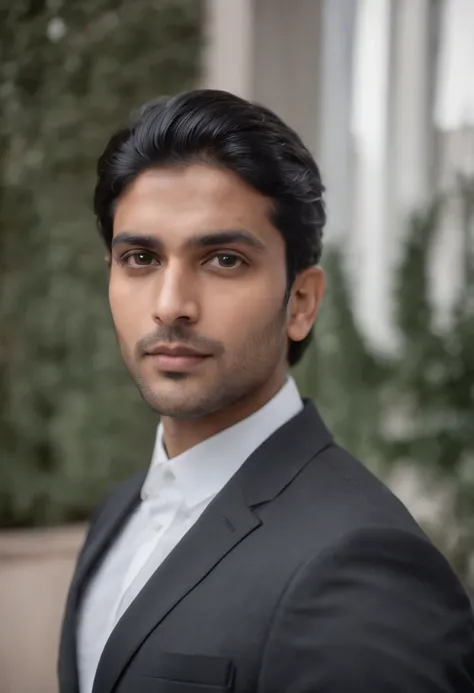 30-year-old Indian man with black hair in a business suit, retrato, Looking directly at the camera, head shoot, depilado