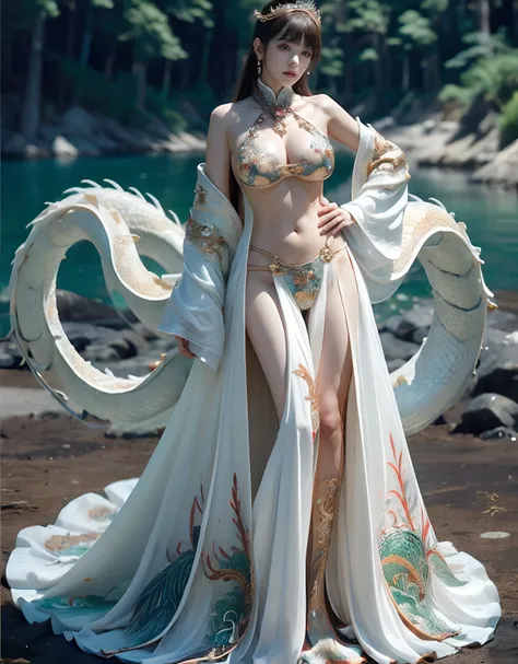 (heavy breasts)、top-quality、​masterpiece、超A high resolution、（Blue Dragon Armor）、(((Colossal tits))),dragon armor、(((Detailed Micro Bikini))),(Wearing a beautiful crown made of jewels),(Photorealsitic:1.4)、Raw photo、女の子1人、(((Random hair))、(((Take different ...