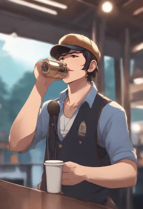 Wearing a cap、Anime man holding a can of coffee in front of a microphone, beard on the chin、In pixiv, high quality fan art, ig studios anime style, makoto shinka, pixiv, 8K!, Top Rated on pixiv, pixiv 3dcg, popular on pixiv, 4 k manga wallpaper, by Ei-Q, K...