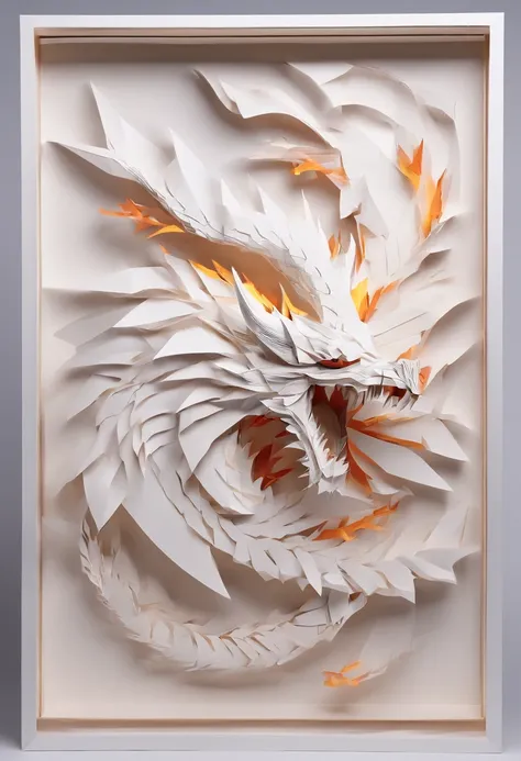 Best Quality, Top image quality, Top resolution, Intricate details, Craftsmanship, (Papercut:1.4), Ring of Fire, Dragon engulfed in flames, Cutting framed paper, Museum, Protruding from the flame of the flame, Actual Paper Burning, fire, Real Fire,Three-di...