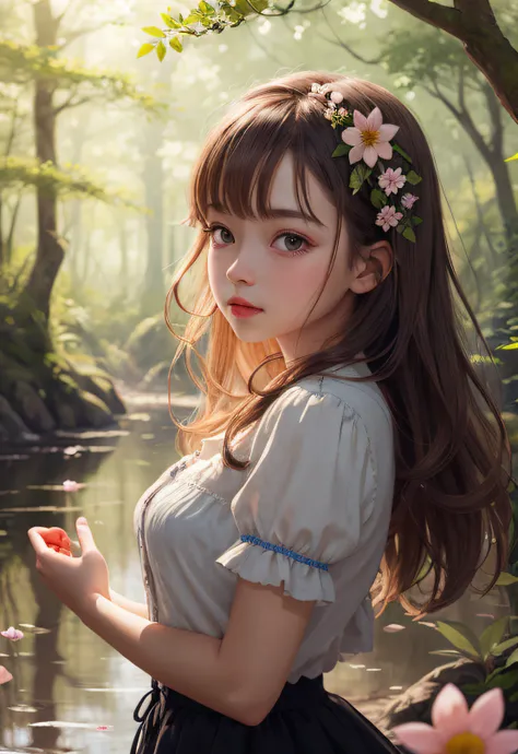 girl in a forest with floating flowers, river, puffy, puffy cheeks, cute, vibrant colors, colorful art style, soft lighting, soft shadows, detailed textures, dynamic lighting, nice hands, perfect hands,