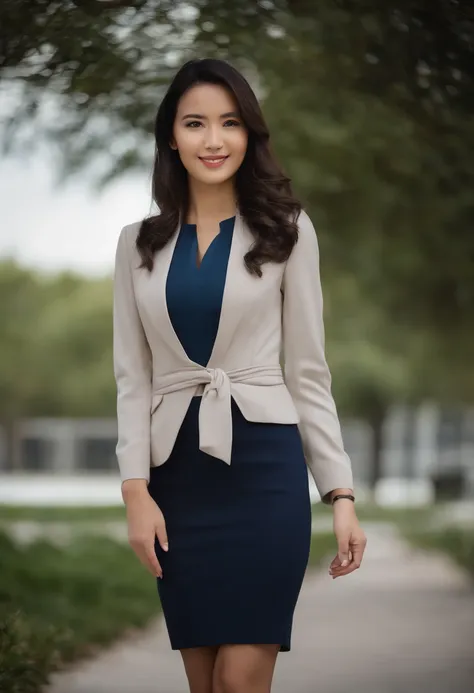 Professional image of a 25-year-old professional woman, Wear a navy blue business casual suit and a hip wrap skirt, professional profile picture, Pose with your arms crossed, professional photograph, professional profile picture, a picture of a woman, busi...