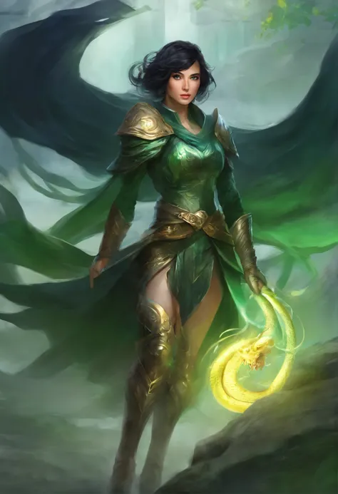 A female knight with short black hair, wearing a black robe and having green eyes and carrying a snake