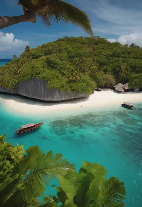 Tropical island, Visually stunning, high angle, inspired by Philippines, Fiji, Maldives, 8k uhd, photorealistic, boats in the water,