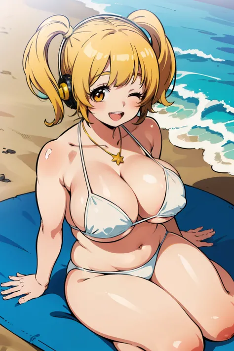 flat color, anime cels style, best quality, high resolution, super pochaco, curvy, 1girl, white micro bikini, (huge breasts:1.2), smile, ;D, beach, sitting, wariza, above