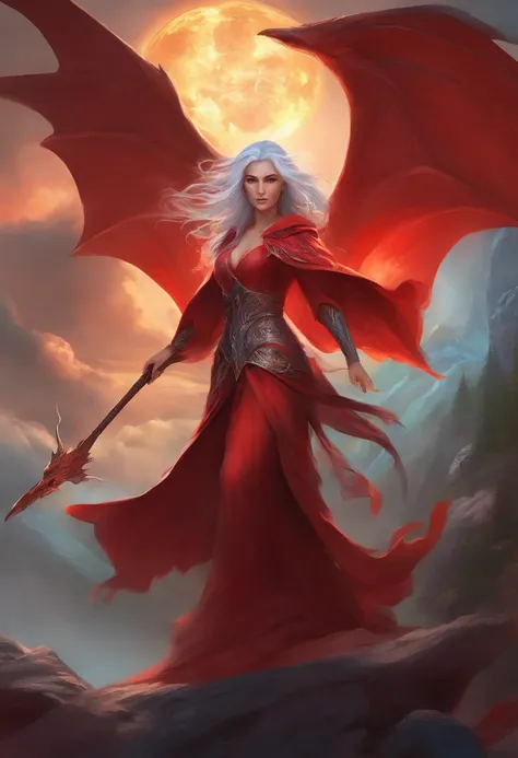 A witch with red robe and long silver hair, has the power of chaos magic and accompanied by a dragon