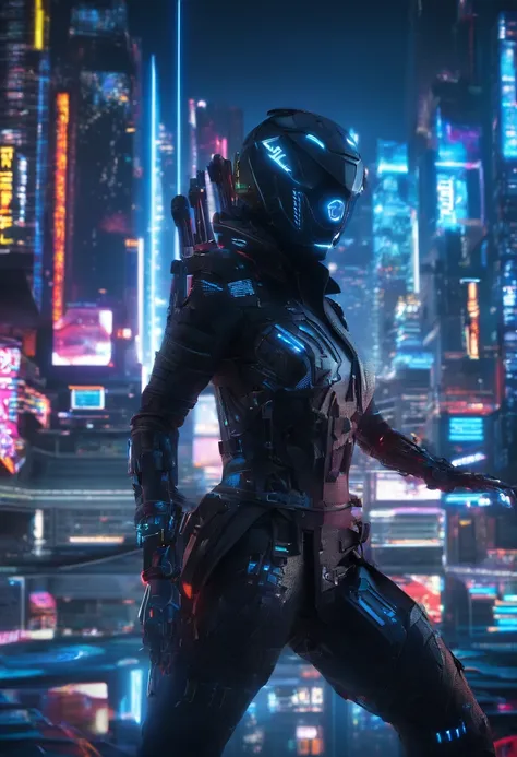 (centred,from below:1.4),looking away,A cyber ninja sexy women in a dystopian world, wearing a sleek black armor suit, with glowing blue eyes and advanced cybernetic enhancements. The ninja is seen in a dynamic action pose, leaping across a neon-lit roofto...