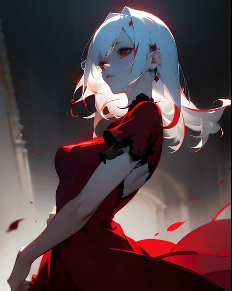 high-quality and visually appealing, (masterpiece), best quality, expressive eyes, perfect face, vampire, red eyes, pale skin, sexy, alluring, dynamic poses, photorealistic, standing, in a castle, starry night background, white-haired woman in a red dress,...