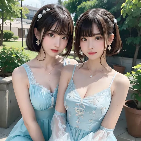 2 girls in、twin-tail hair,masutepiece, Best Quality, 8K, 15yo student, Teen, Raw photo, absurderes, award winning portrait, Smile,   Botanical Garden, neons, Idol face, violaceaess, gardeniass, Delicate girl, Upper body, Digital SLR, Looking at Viewer, Can...