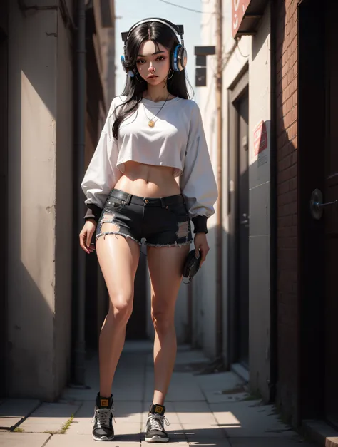 girl with stunning 12K 3D resolution character in [gritty Hip Hop] style, pretty, white top, headphones, long black hair, chibi in detailed (full body), highly detailed, shiny, ultra high quality, hyperrealism, photorealism, [octane rendering].