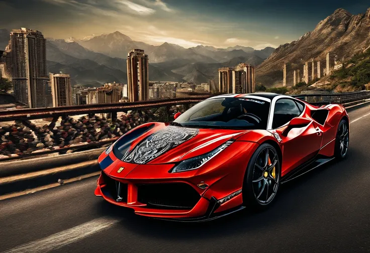 (Best quality, 8K, Masterpiece :1.2), Ultra photo realsisim, onthe mountain, Detailed red Ferrari 488, Speeding on highways, (Facing the audience), Blue skyscraper in background, At night,dmmid style