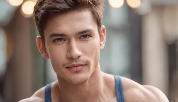 photo of stunning handsome muscular naked Thai men, no female, honey eyes, no shirt short messy windy light brown hair, flipping hair, closeup zoomed in tight crop portrait, sitting outdoors at a cafe, look you look at me, top-view (out door french coffee ...