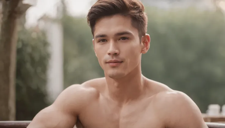 photo of stunning handsome muscular naked Thai men, no female, honey eyes, no shirt short messy windy light brown hair, flipping hair, closeup zoomed in tight crop portrait, sitting outdoors at a cafe, look you look at me, top-view (out door french coffee ...