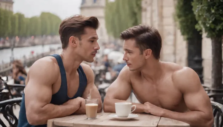 photo of stunning two handsome muscular Thai men kissing sitting outdoors at a French cafe near Eiffel Tower, Paris, no female, honey eyes, short messy windy dark brown hair, flipping hair, closeup zoomed in tight crop portrait, people watching, top-view (...