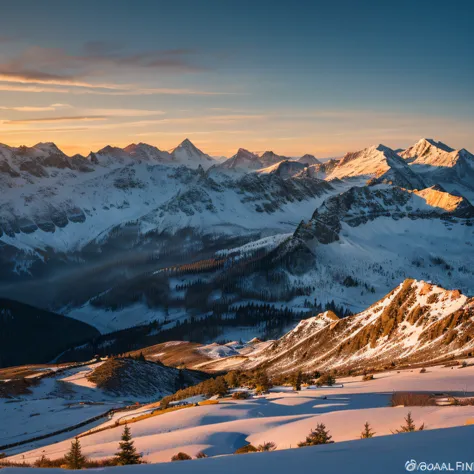 At the time of sunrise, the upper half of the distant snowy mountain range shines golden in the morning sun, the gentle flatland in the foreground is still dark, the gradation of the mountains and mountain ranges is wonderful, and you can even feel the emo...