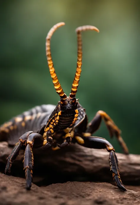 Create a vertically oriented image of a venomous scorpion. The scorpion should be depicted in a threatening posture, with its stinger raised and its pincers open wide. The background should be dark and ominous to enhance the menacing appearance of the scor...