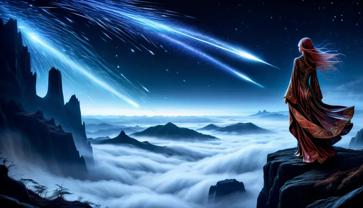 (((stylish and misty:1.3))), (((in parallel cyber fairy grunge style:1.3))), (((meteor shower of stunning detail illustration:1.5))), adorned in intricate and ornate robe, stands atop a cliff, (((majestic meteor in the background detail:1.3))), (((stunning...