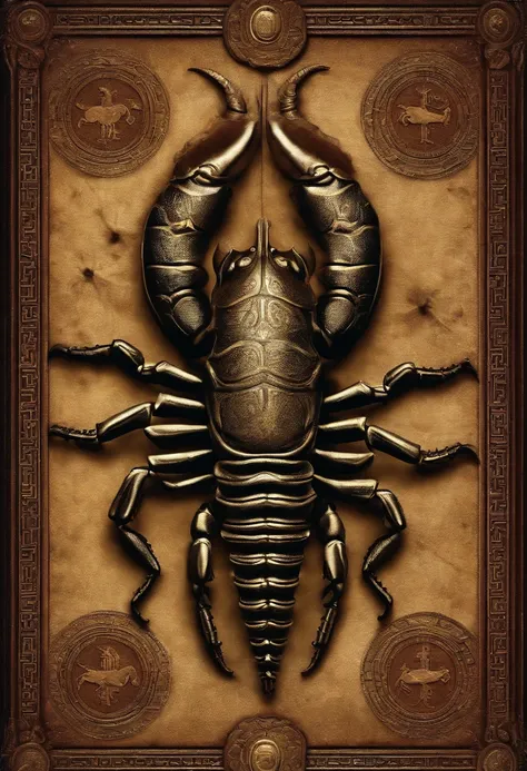 Create a vertically oriented image that represents the astrological sign of Scorpio. The image should feature a menacing-looking scorpion, symbolizing the signs traits of intensity and determination. The scorpion should be depicted in a threatening posture...