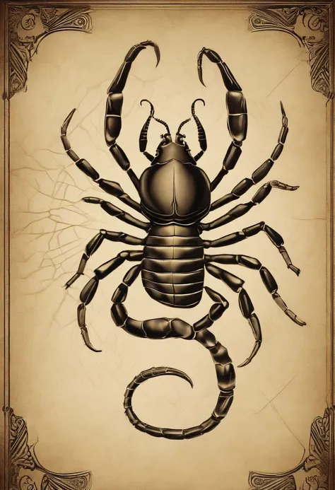 Create a vertically oriented image that represents the astrological sign of Scorpio. The image should feature a menacing-looking scorpion, symbolizing the signs traits of intensity and determination. The scorpion should be depicted in a threatening posture...