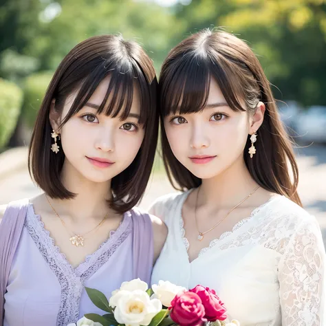 2 girls in、twin-tail hair,masutepiece, Best Quality, 8K, 15yo student, Teen, Raw photo, absurderes, award winning portrait, Smile,   Botanical Garden, neons, Idol face, violaceaess, gardeniass, Delicate girl, Upper body, Digital SLR, Looking at Viewer, Can...