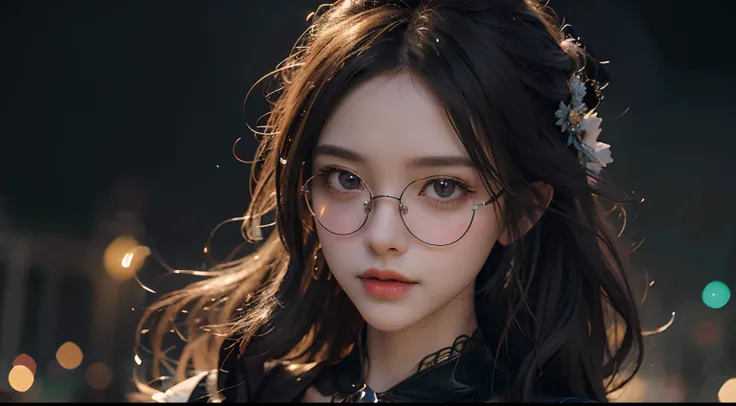 a witch girl wearing beautiful glasses in a magical fantasy world.......,stand under the starry sky, with sparkling eyes and cha...