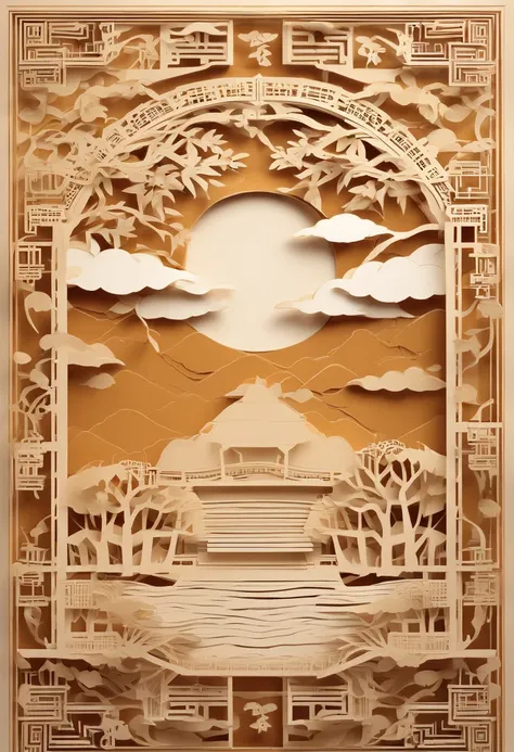 Mid Autumn Festival elements, Linshui Palace, moon, laurel tree, Paper Cuttings art, master works