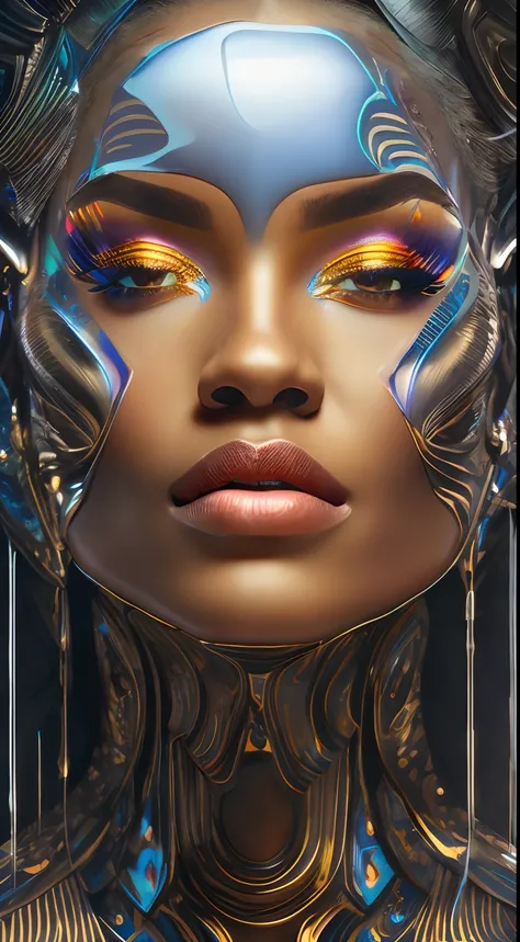 a close up of a woman with a futuristic headpiece and a face, karol bak uhd, portrait of a cyborg queen, detailed portrait of a cyborg, cyborg portrait, glossy digital painting, cybernetic machine female face, portrait of metallic face, cybernetic faces, f...