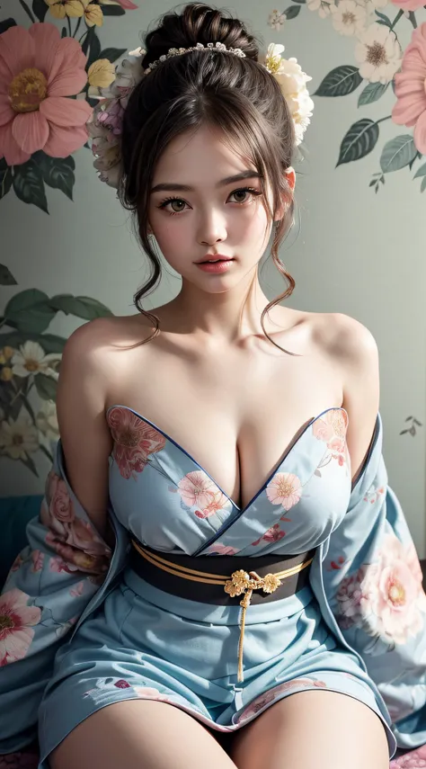 Updo hairstyle, 1girl, extremely beautiful, extremely cute, Amazing face and eyes, (big round eyes:1.15), (extremely detailed beautiful face), (beautiful and Cute floral kimono:1.5), (bare shoulders:1.3), (Best Quality:1.4), (Ultra-detailed), (Ultra realis...