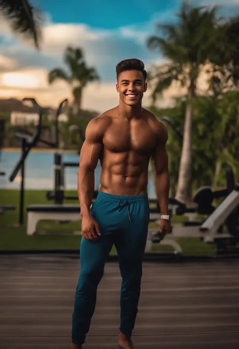 Menino de 19 anos, preto, sem camisa e musculoso, Smiling looking at the camera and a beautiful gym landscape behind, personagem 3d