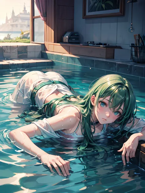 masutepiece、high-level image quality、male in his 20s、green colored hair、Pink eyes、Immerse your body in water、lying back on、Clothes also get wet、Expression of melancholy、Beautiful fece