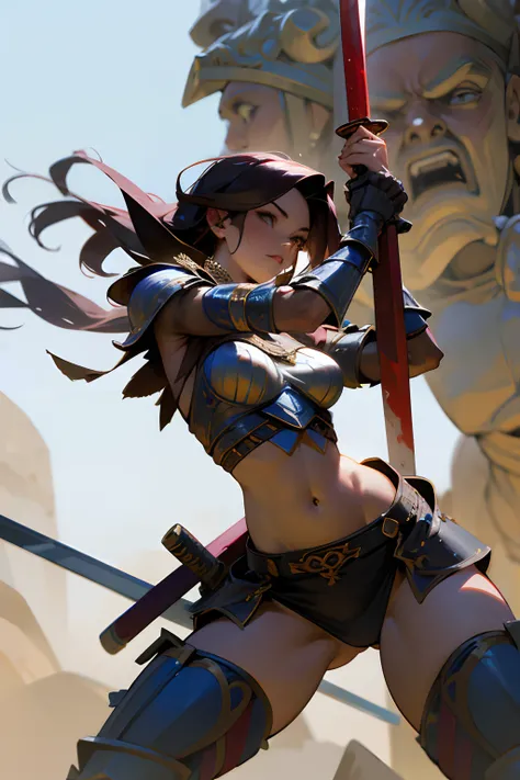 hight resolution, A hyper-realistic, Beautiful ancient warrior woman in skimpy armor with a sword carrying a bloody head of a troll