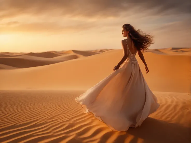 (high quality,4k,8k,highres,masterpiece:1.2),ultra-detailed,physically-based rendering,realistic,portrait,landscape,Algerian princess,dancing in the desert,sunset,beautiful detailed face,flowing dress,floating hair,graceful movements,elegant posture,soft s...