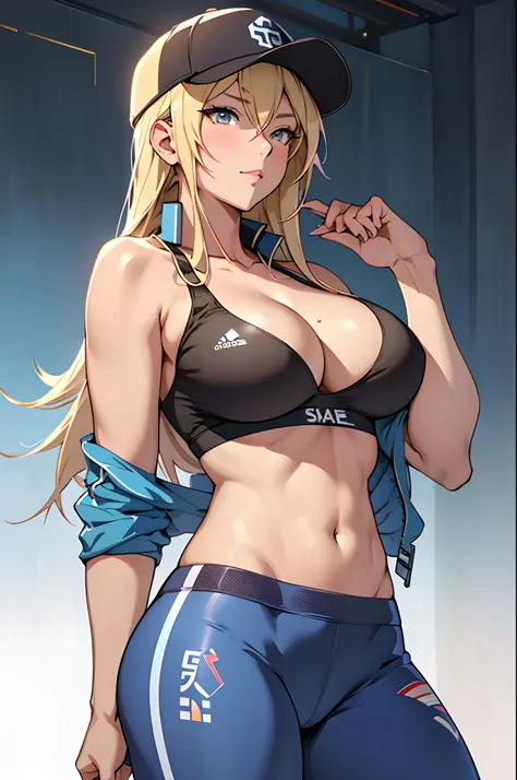 anime girl in a baseball cap and blue yoga pants, sports top, sports bra, huge breasts, sexy body, buxom, seductive anime girl, ig model | artgerm, marin kitagawa fanart, attractive anime girl, from girls frontline, extremely detailed artgerm, fine details...