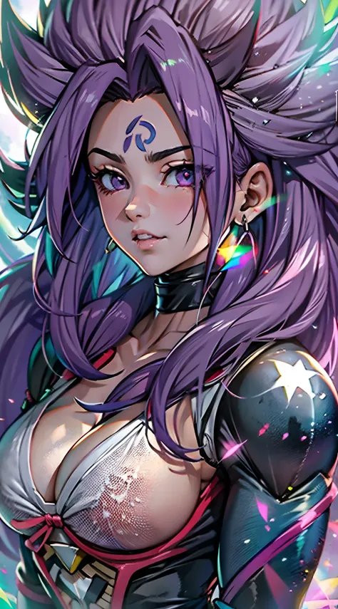 super saiyan 4 female, purple fur, surrounded by rainbow aura, busty