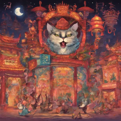 Picture book illustrations　　At a venue with bright neon lights like Chinatown, 50 cats stand on two legs and dance.、Drinking beer、uproar　The cats face is clear