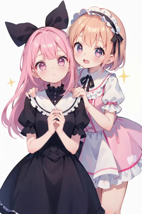 2 Girl, Gothic lolita, White background, Cute eyes, Sparkling skin, (masutepiece), (Best Quality),(Pink Wanpisu)(White Wanpisu)((Delicat eyes、Delicate eyes(8K、Masterpiece、Best Quality、)((2girls))