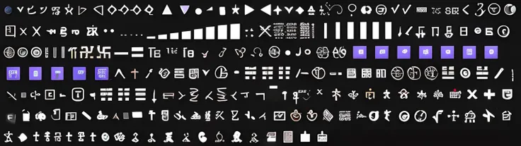 Close-up of a bunch of different symbols on a black background, sigature, insibidi symbols, status icons, simplified shapes, psd spritesheet, sigature, Vector shape, floating sigils, iconography background, simplistic iconography, The printed currency symb...