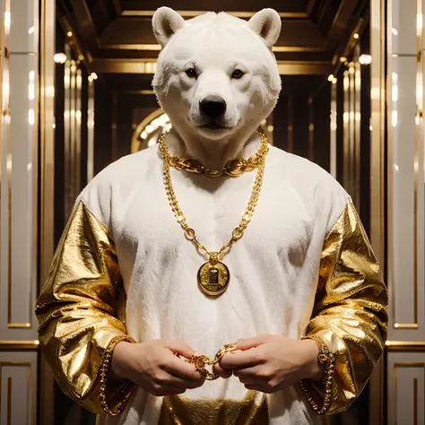 White bear with gold chains on taking picture