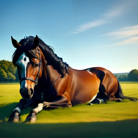 Old horse tied up in the grass by a stake