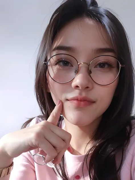 there is a woman with glasses sitting at a table with a plate of food, spectacled, with glasses, wearing small round glasses, 8k selfie photograph, wearing thin large round glasses, girl wearing round glasses, with accurate face, with round face, 🤤 girl po...