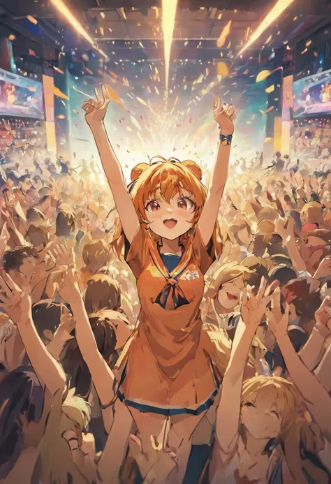 Tigers and girls raise their hands in joy