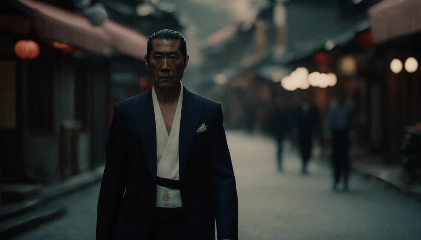 a yakuza boss character walking in the streets on japan,kimono,musculature